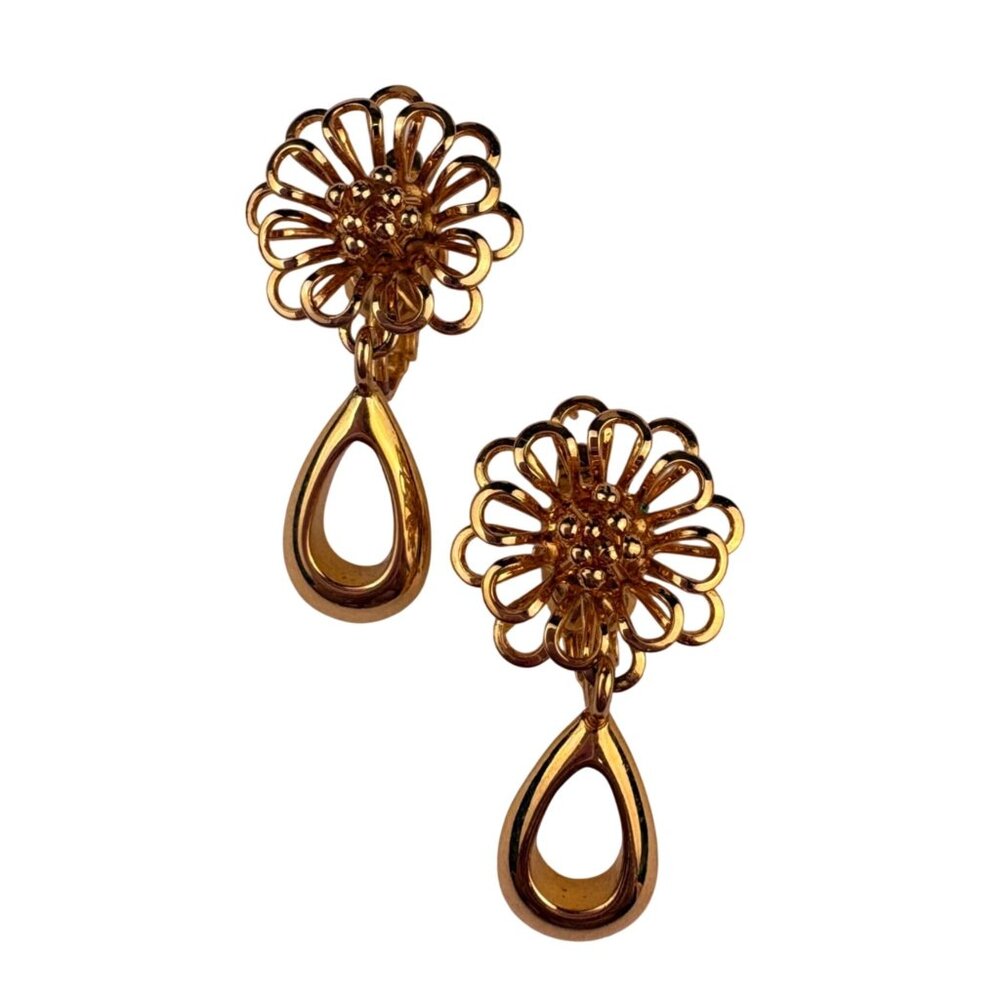 Gold Tone Womens Clip-On Earrings W/ Teardrop Floral Design Pagina Jewelry